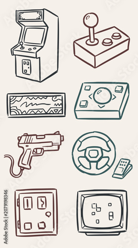 Collection of hand-drawn retro video game items including an arcade cabinet, joystick, light gun, and game controllers