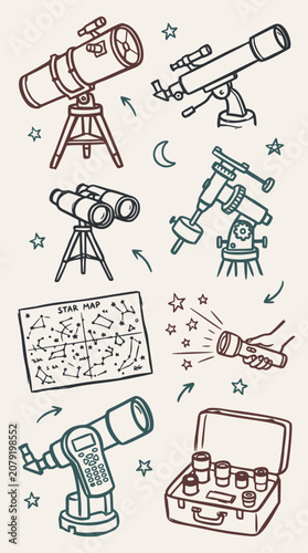 Astronomy equipment doodles featuring telescopes, binoculars, a star map, and accessories in a simple outline style on a light background