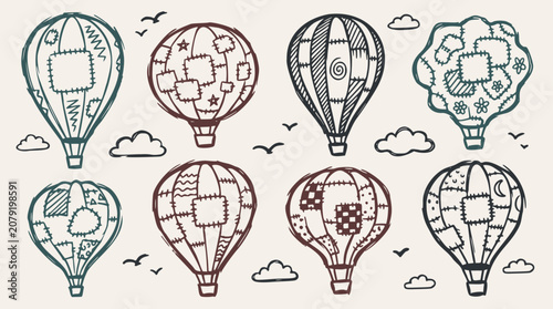 Eight hot air balloons with patchwork designs, hand-drawn sketch style, floating with clouds and birds on a light background