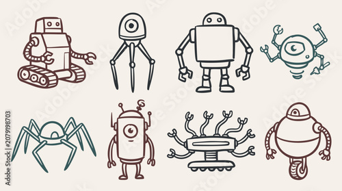 Various doodle robots with different shapes and designs on a light background in a cartoon outline style