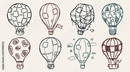 Eight hand-drawn hot air balloons with patched designs and varied patterns, in a doodle line art style on a light background
