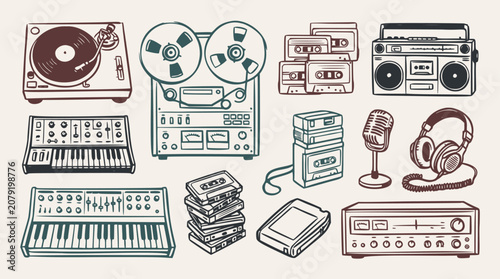 Collection of hand-drawn vintage audio equipment including turntables, reel-to-reel recorders, and synthesizers in a retro style