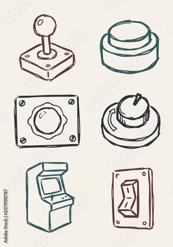 Hand-drawn doodle set of retro gaming controls and an arcade machine on a light background
