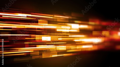 Streaking bright orange and yellow rectangular lights blur into darkness