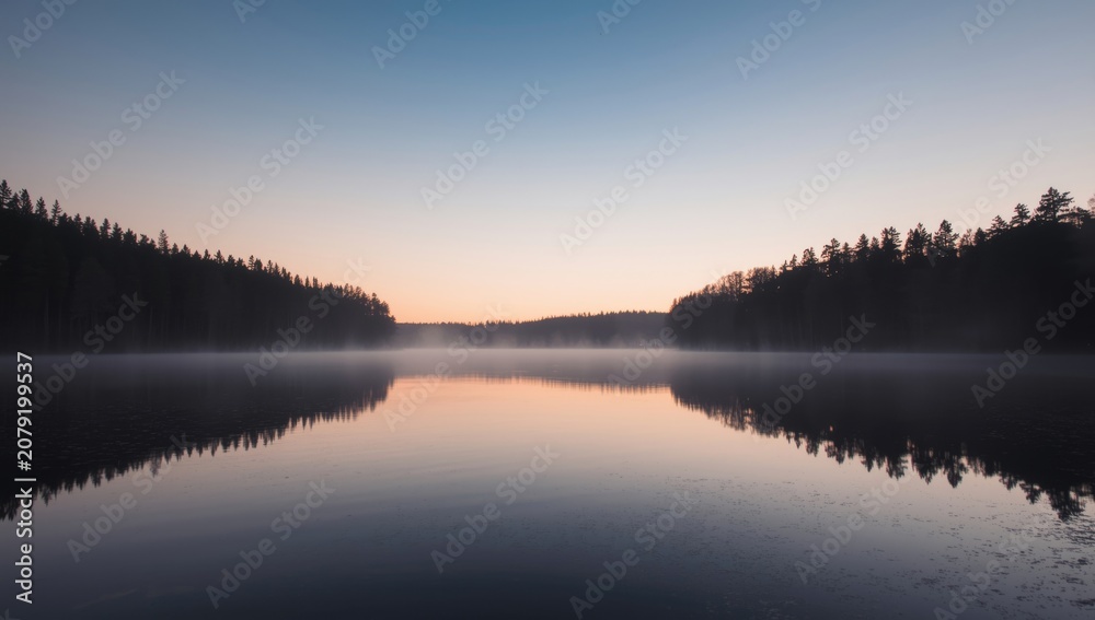 Obraz premium Fog over a calm lake at sunrise with trees along the shore