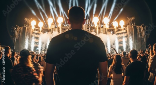 Dynamic Wide Angle Back View of Person in Black Tshirt at Concert Stage Pyro