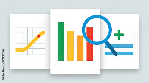 Three charts line graph, bar chart, and calculation with magnifier