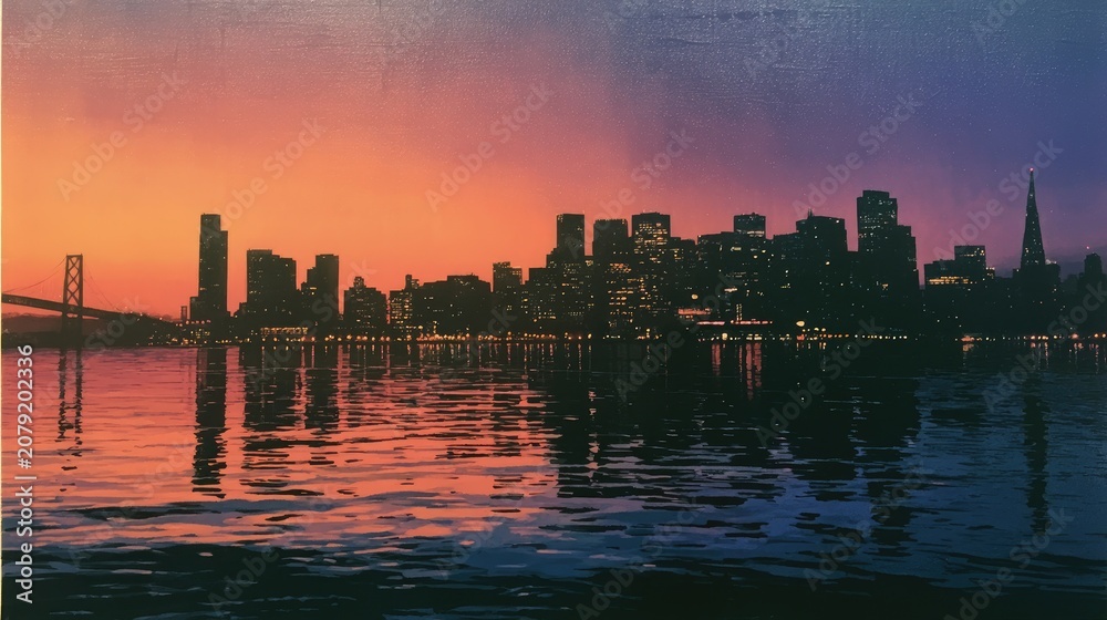 Fototapeta premium Cityscape skyline at sunset with vibrant sky reflecting in water