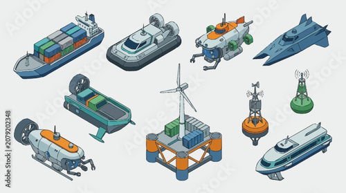 Tableau sur toile Collection of various modern ships and marine vessels.