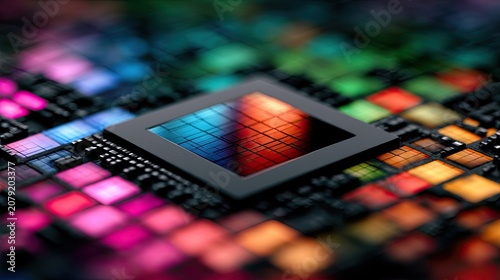 Close-up of a microchip's vibrant, colorful circuitry with intricate details