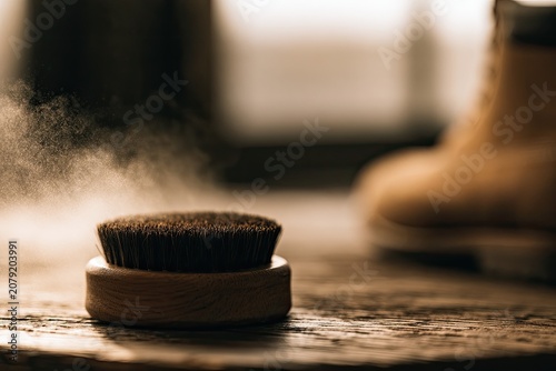 Close-up of a wooden brush on a textured surface, with a boot blurred in background