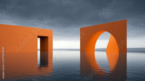 Two orange abstract structures rising from calm water under a cloudy sky