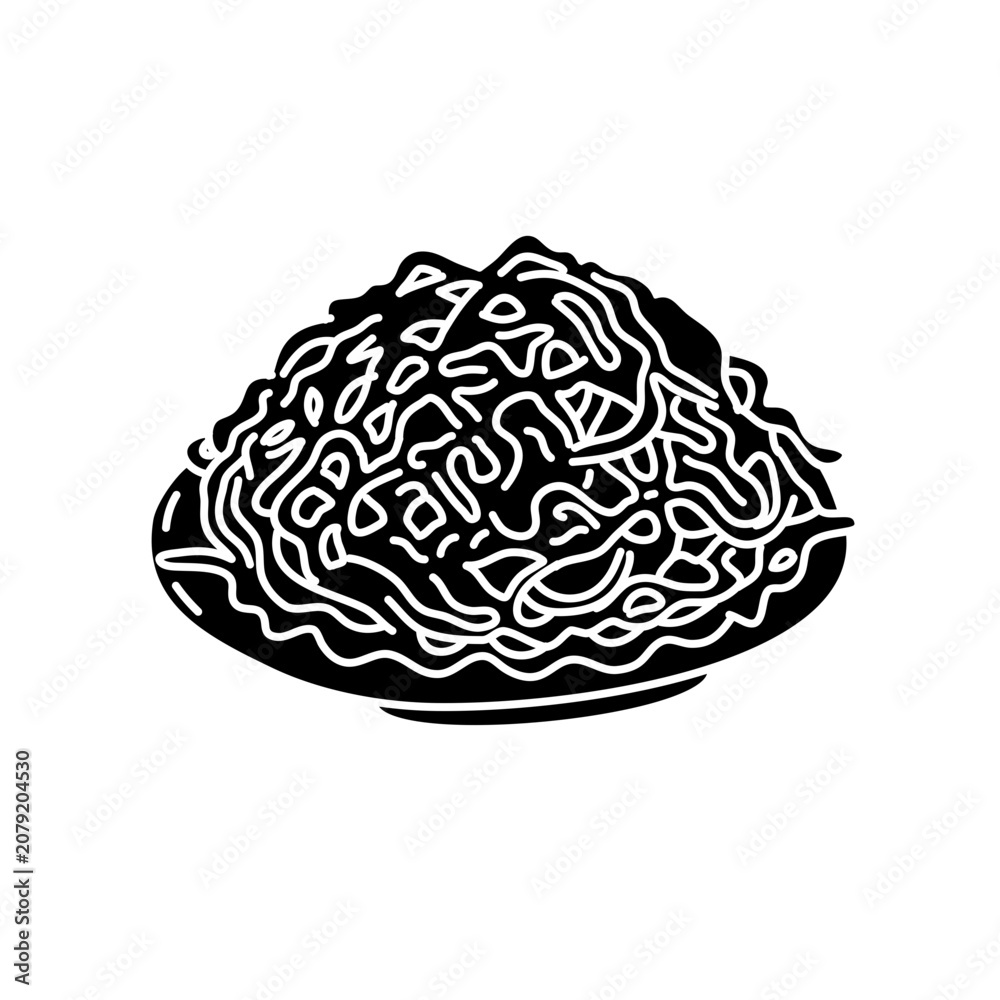 Obraz premium Hand drawn fried noodles bakmi icon doodle vector Indonesian tumpeng side dish silhouette