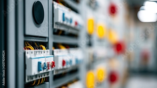 Close-up of electrical control panel with circuit breakers and wiring