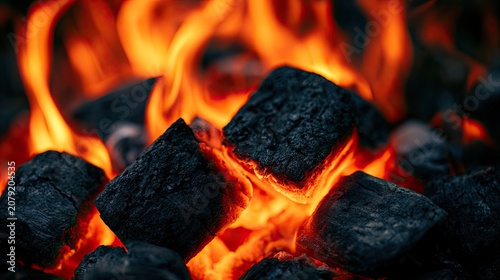 Close-up of glowing charcoal briquettes with fiery orange flames