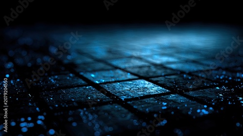 Close-up of glowing blue specks scattered across dark, textured surface