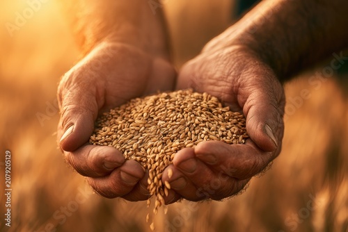 Close-up of weathered hands cupping golden grains, symbolizing abundance and harvest