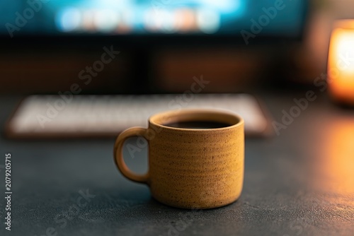 Warm, rustic mug filled with dark coffee sits on a textured surface