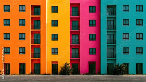 Vibrant facade of apartments with windows and balconies in bold colors