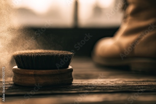 Wooden brush with fine bristles, dusting a boot on a textured surface