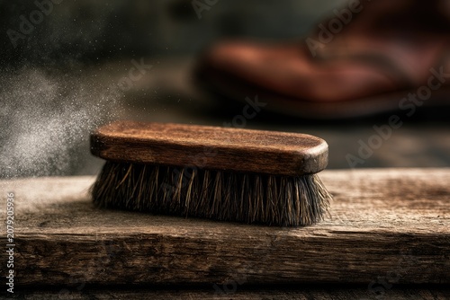 Wooden brush with stiff bristles sits on rustic wood, shoe blurred background