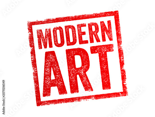 MODERN ART text is displayed inside a distressed rectangular stamp design, featuring a weathered, ink-textured look suitable for artistic classification, gallery labels
