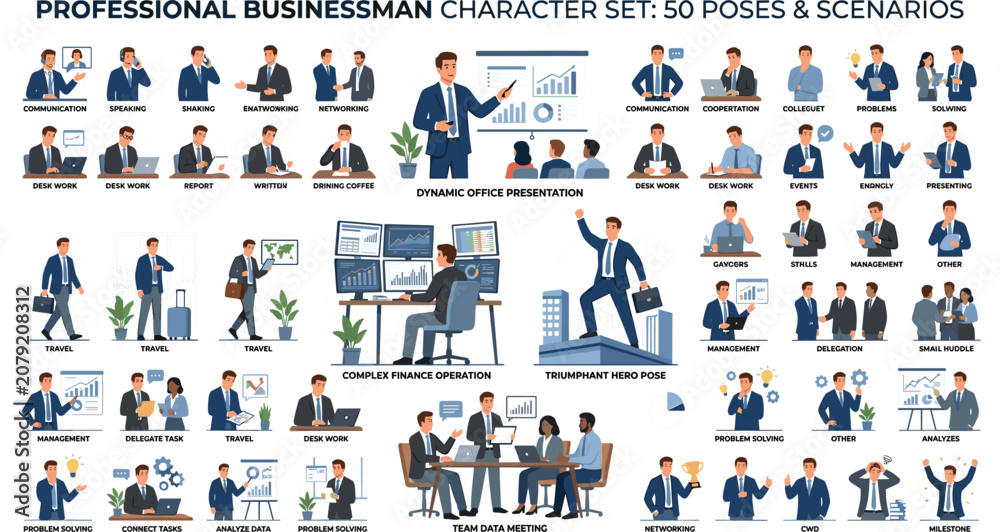 Εκτύπωση καμβά Professional businessman character construction set with fifty poses and office