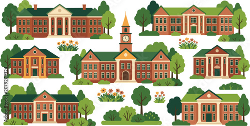 Fotografie University campus architecture vector illustration set with brick school buildin
