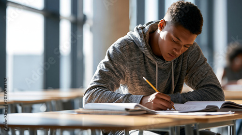 High school student studying in bright classroom