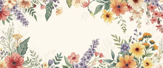 Floral decorative border with colorful flowers on cream background