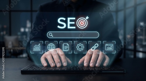 SEO strategy concept with search bar and icons on digital interface