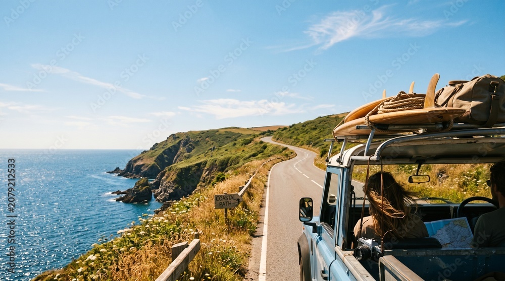 Fototapeta premium Couple Road Tripping Along Coastal Road With Surfboards on Vintage SUV Overlooking Blue Ocean