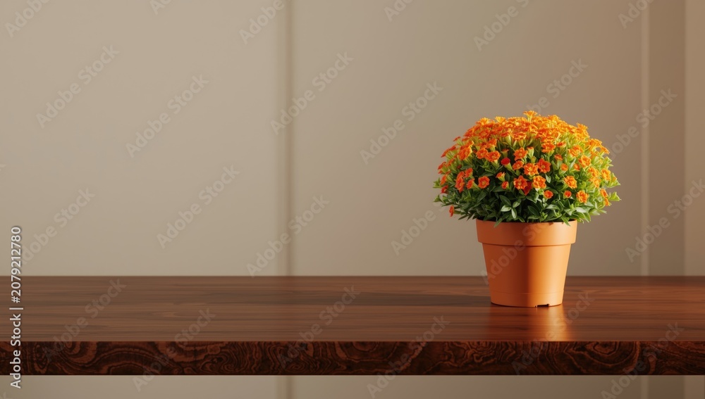 Fototapeta premium Orange flowering plant in pot set on a finely grained hardwood rectangle