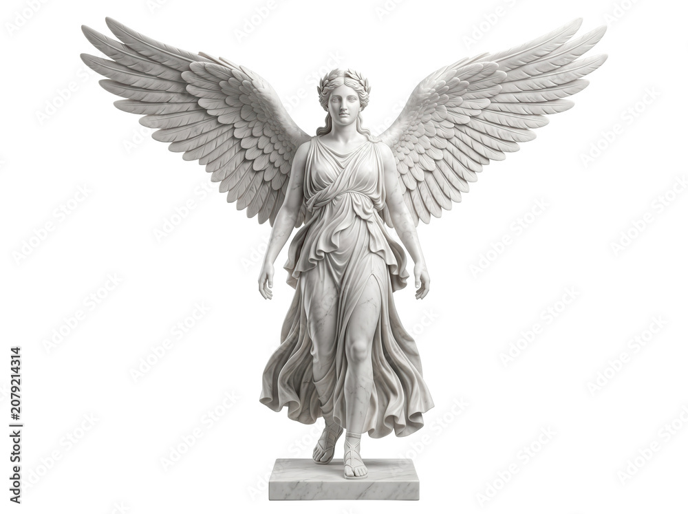 Fototapeta premium Classical Marble Statue of Winged Nike Goddess, White Carved Stone Figure with Spread Wings Isolated on Black Background for History and Mythology Projects
