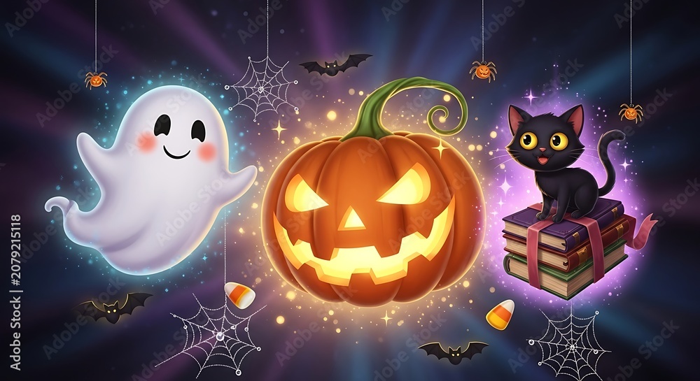 Naklejka premium Spooky Halloween Night with Cute Ghost, Jack-o-Lantern, and Black Cat.