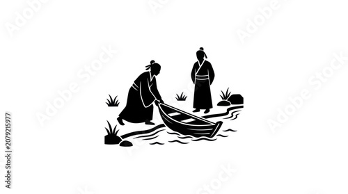 Foto Traditional Asian Figures with Boat Silhouette Vector
