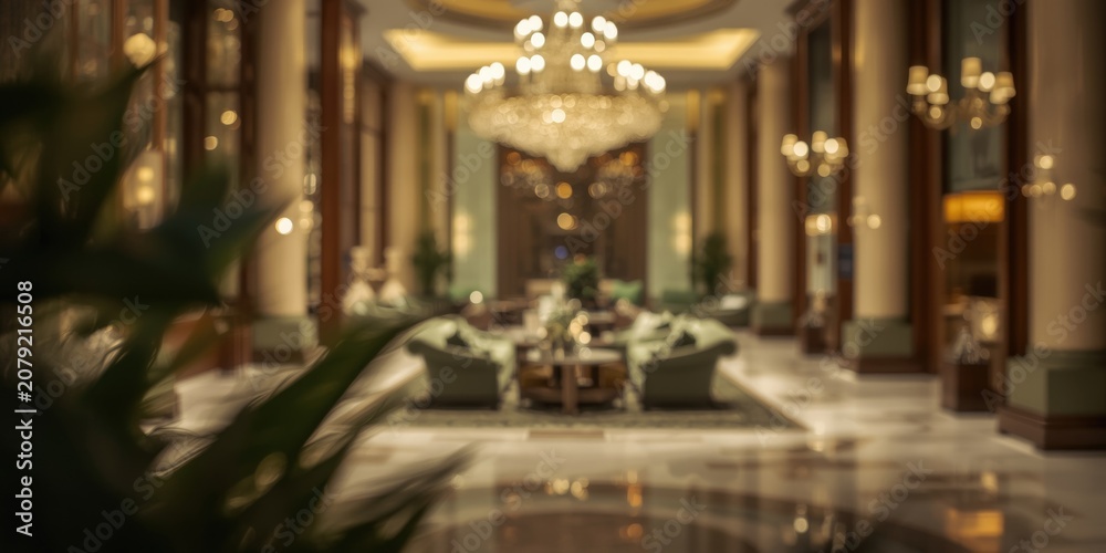 Obraz premium Luxury hotel lobby featuring soft bokeh light effect in green and olive tones for background design