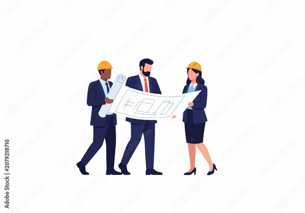 Obraz premium Business professionals discussing construction blueprint in office
