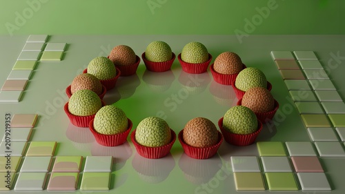 Circular arrangement of pastel spheres in red cups with tiled background creating colorful geometric symmetry and balanced composition