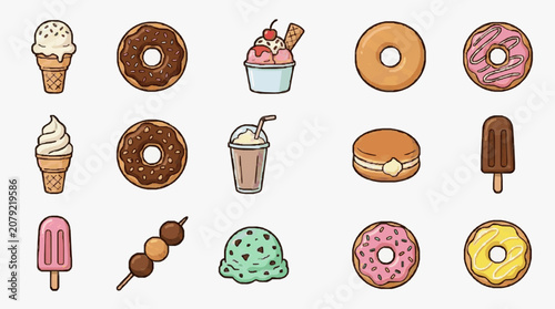 Diverse Cartoon Donuts and Desserts Collection.