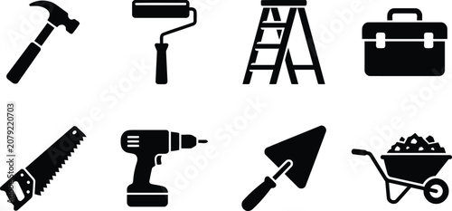 Construction and Home Improvement Hand Tools Icon Set - Minimalist Black Vector Silhouettes of Hammer, Paint Roller, Ladder, Toolbox, Saw, Electric Drill, Trowel, and Wheelbarrow