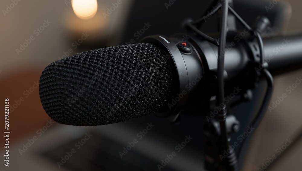Obraz premium Close-up of a black microphone on a recording setup