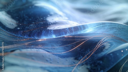 Abstract blue fluid waves with glowing copper fibers. Microscopic view of copper peptides in skincare science. Molecular technology and biotechnology concept