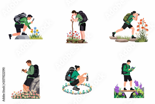 Konstfotografi Hikers and Naturalists Exploring Nature, Observing Flowers, Taking Photos, and D
