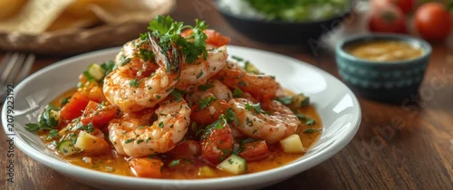 Panel kuchenny z motywem Spicy Mexican shrimp cocktail with fresh vegetables and zesty dressing