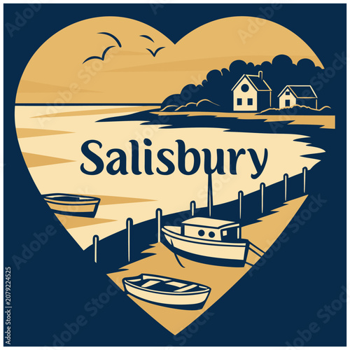 Vintage Salisbury Coastal Landscape Vector Illustration in a Heart Shape, Retro Harbor Scene with Fishing Boats, Pier, and Seaside Cottages