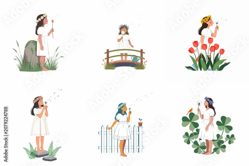 Collection of six whimsical illustrations of young girls in white dresses blowing dandelion seeds in various beautiful spring garden and nature settings.