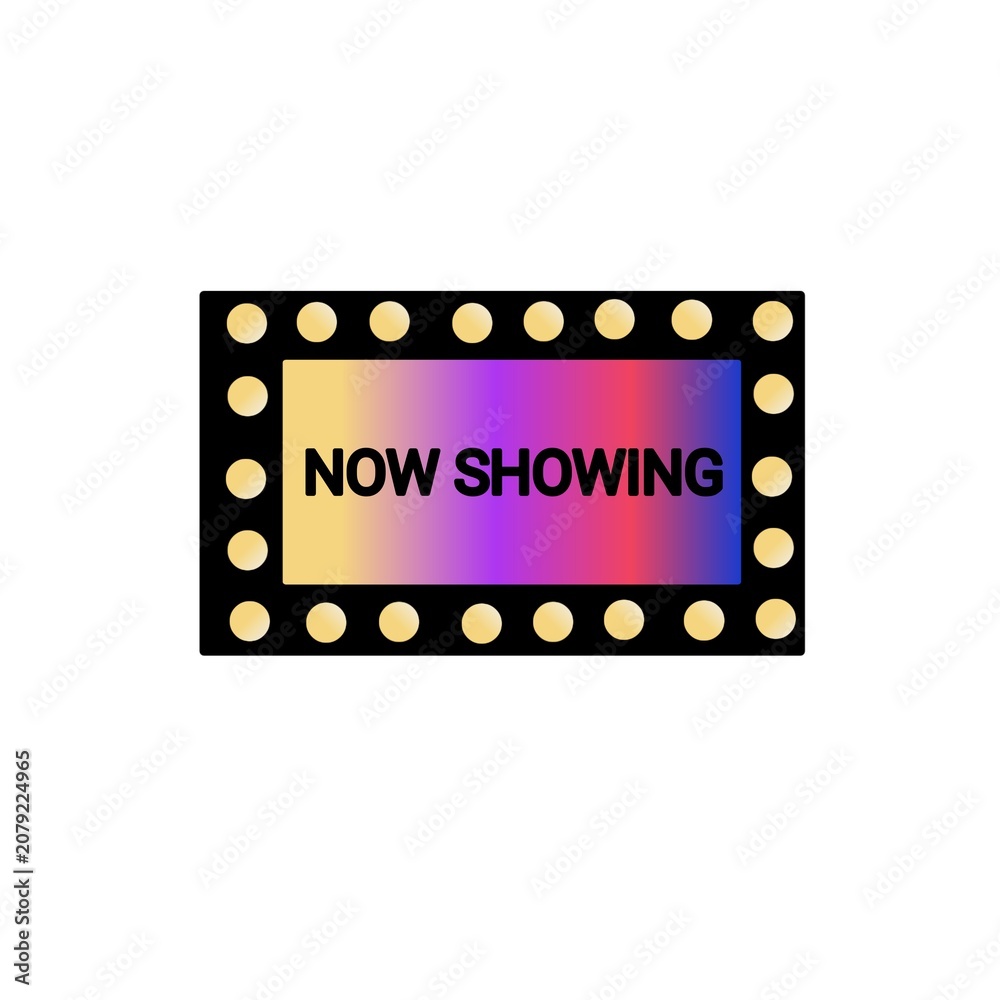 Fototapeta premium Colorful Now Showing marquee sign with glowing light bulbs and a vibrant gradient display. 