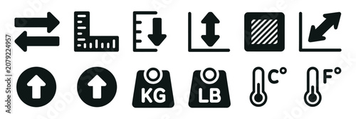 фотографія Measurement Icon Set Featuring Ruler, Tape Measure, Caliper, Scale And Dimension Symbols For Engineering, Construction, Architecture And UI Design