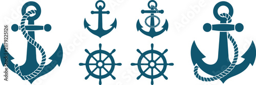 Foto Nautical anchor with rope, blue sea helm and captain rudder icon set in modern flat and outline vector styles for yacht clubs, cruise companies, sailing events, marine apps and ocean-themed graphics